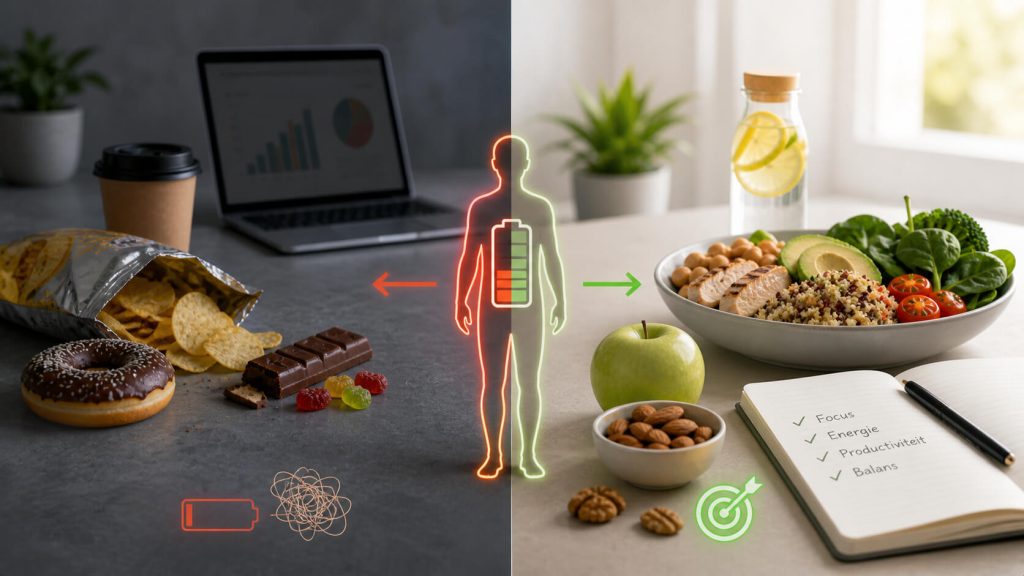 Contrast tussen ongezonde snacks en gezonde maaltijd laat effect van energieniveau voeding en energiedips zien