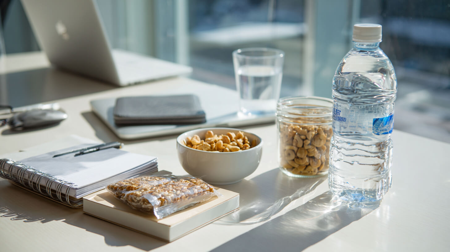 Gezonde snacks en water op bureau ondersteunen stabiel energieniveau voeding tijdens werkdag