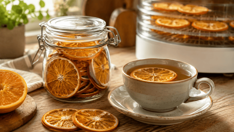 gedroogde sinaasappelschijfjes in thee en glazen pot