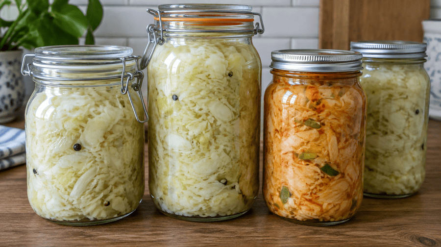 Kleine glazen potjes met verschillende varianten van gefermenteerde spitskool