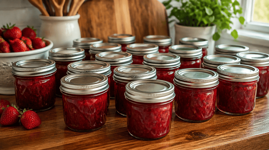Veel potjes zelfgemaakte aardbeienjam