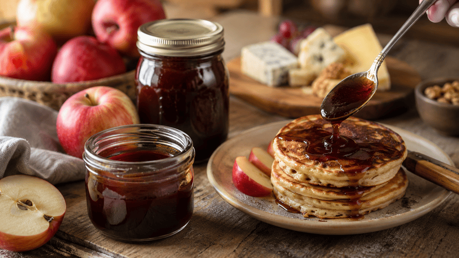 zelf gemaakte appelstroop in een pot en op pannenkoeken